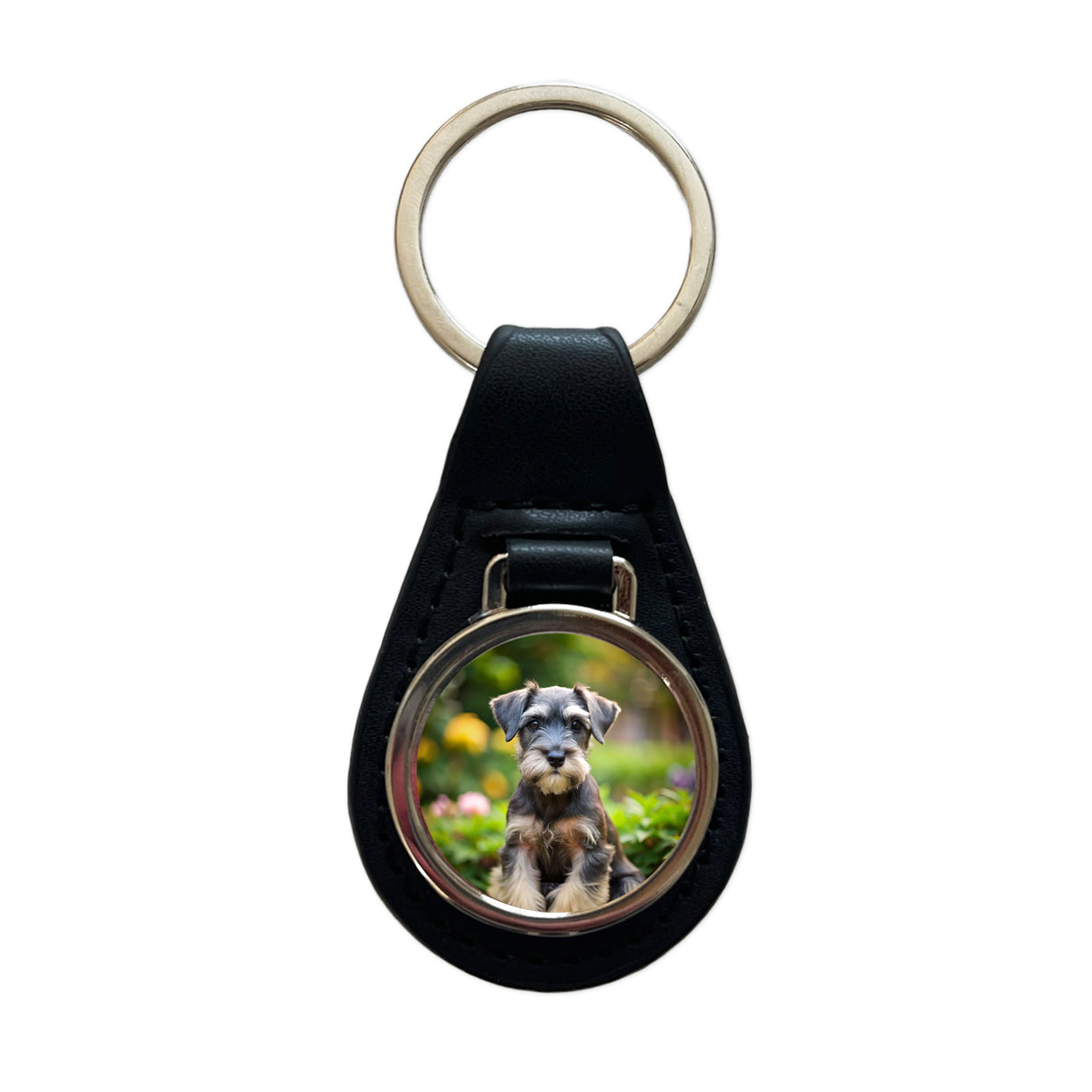 Standard Schnauzer Dog Puppy Photo Black Leather Metal Keychain
