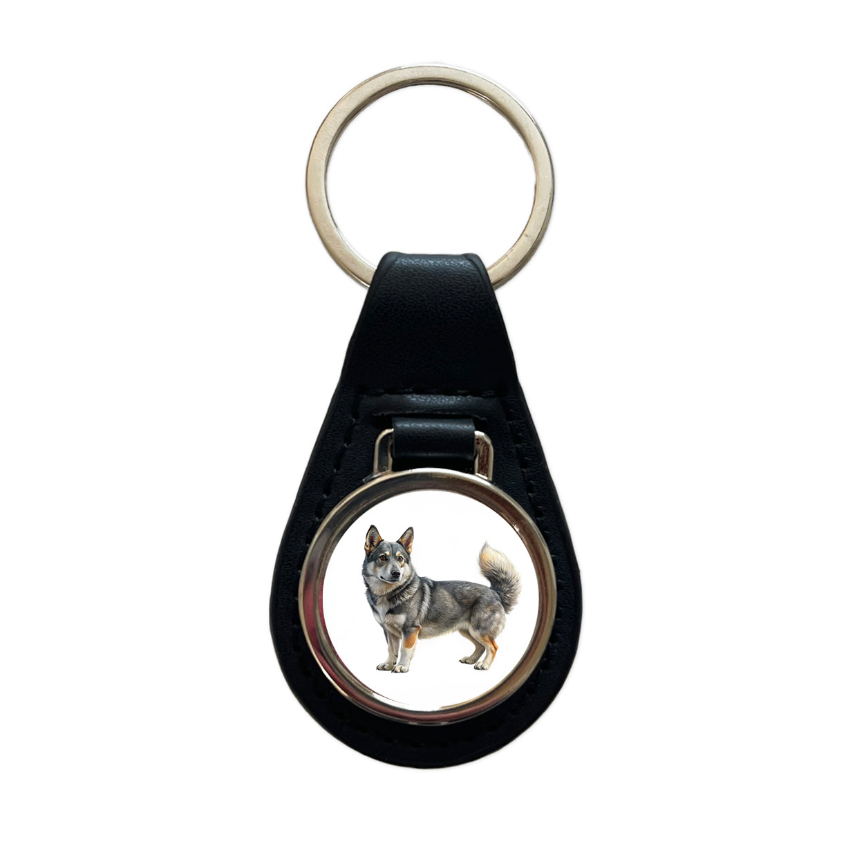 Swedish Vallhund Dog Illustration Black Leather Metal Keychain