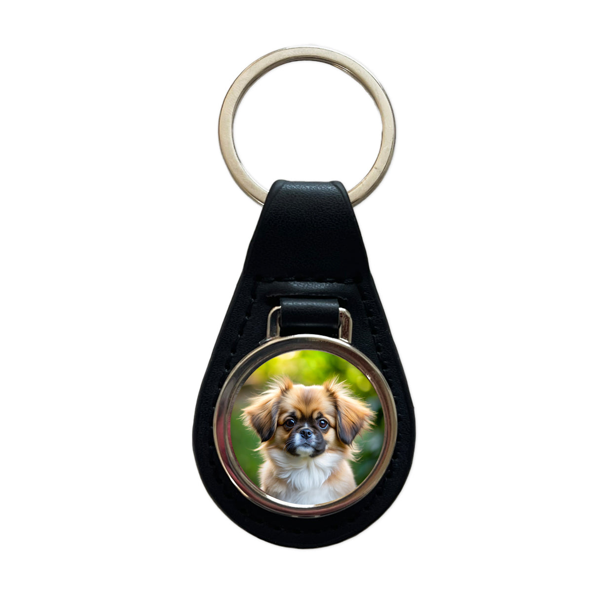 Tibetan Spaniel Dog Puppy Photo Black Leather Metal Keychain