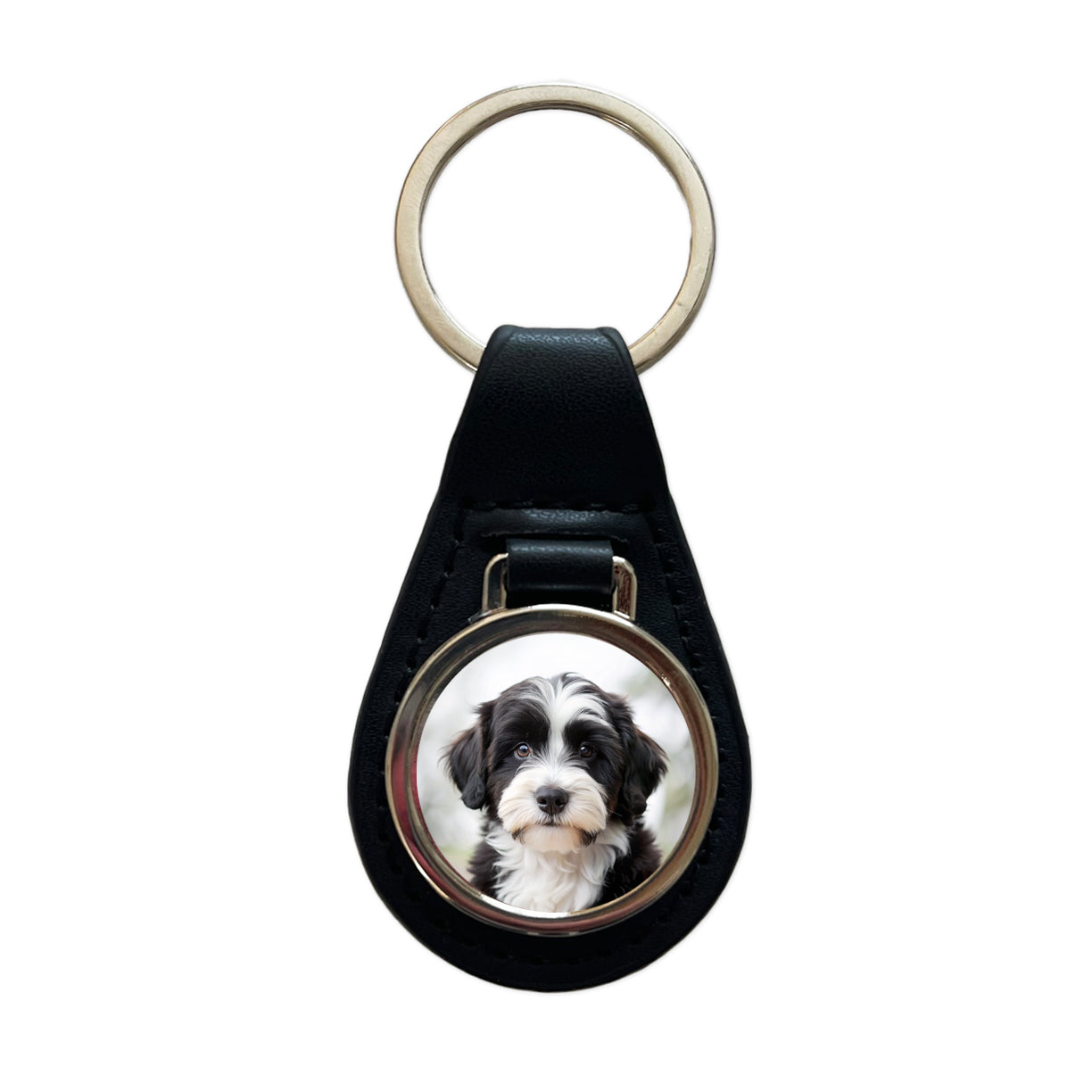 Tibetan Terrier Dog Puppy Photo Black Leather Metal Keychain