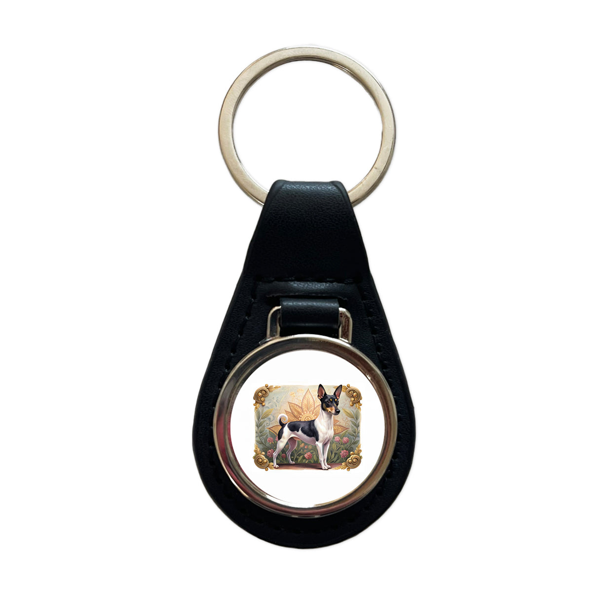 Toy Fox Terrier Dog Art Nouveau Black Leather Metal Keychain