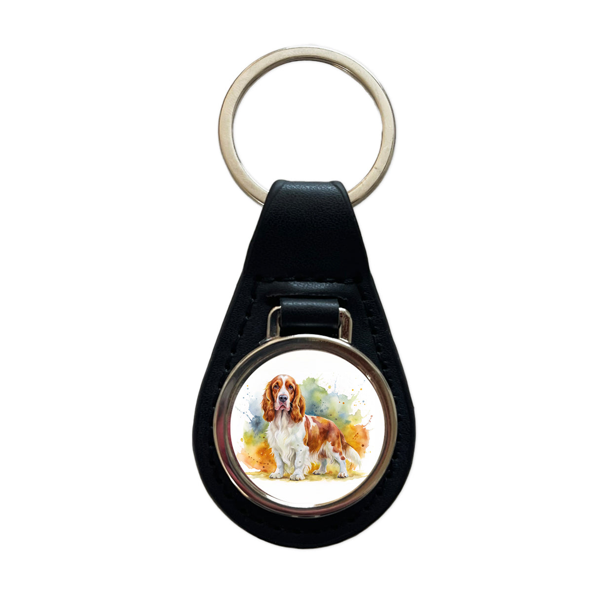 Welsh Springer Spaniel Dog Watercolor Style Black Leather Metal Keychain