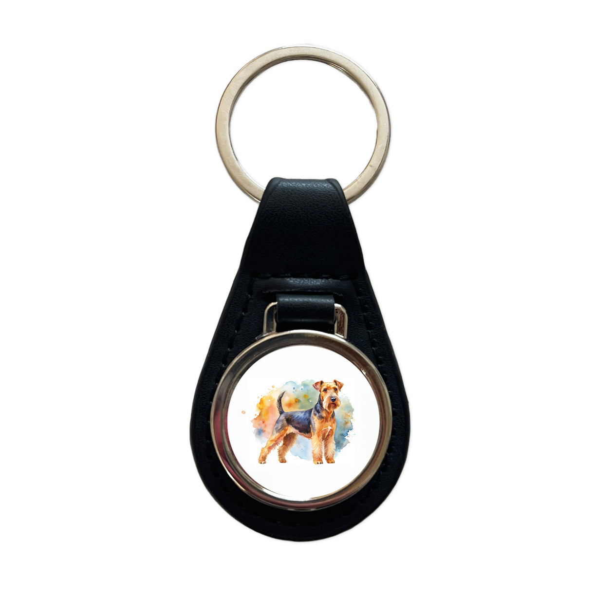 Welsh Terrier Dog Watercolor Style Black Leather Metal Keychain