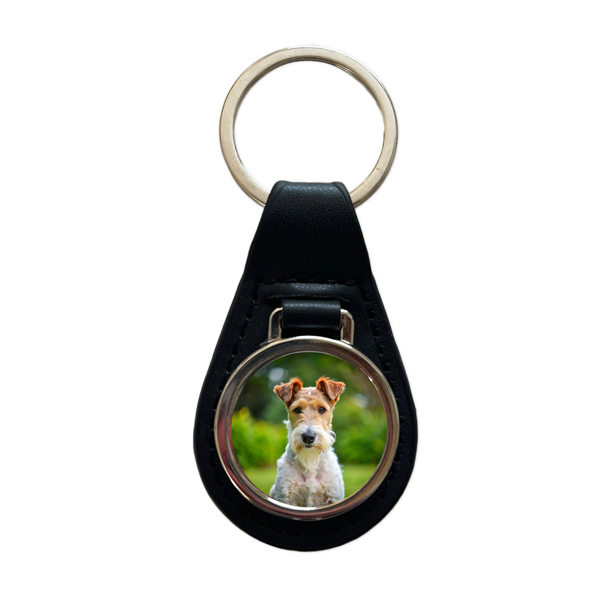 Wire Fox Terrier Dog Photo Black Leather Metal Keychain