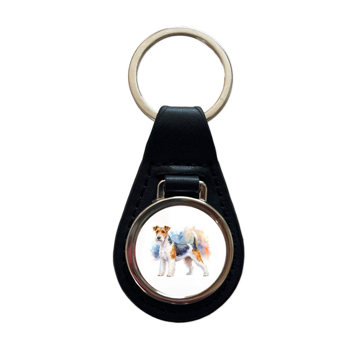 Wire Fox Terrier Dog Watercolor Style Black Leather Metal Keychain