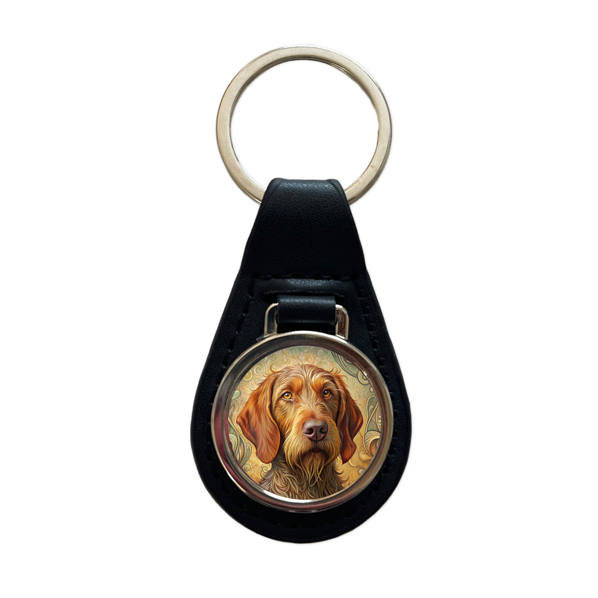 Wirehaired Vizsla Dog Art Nouveau Black Leather Metal Keychain