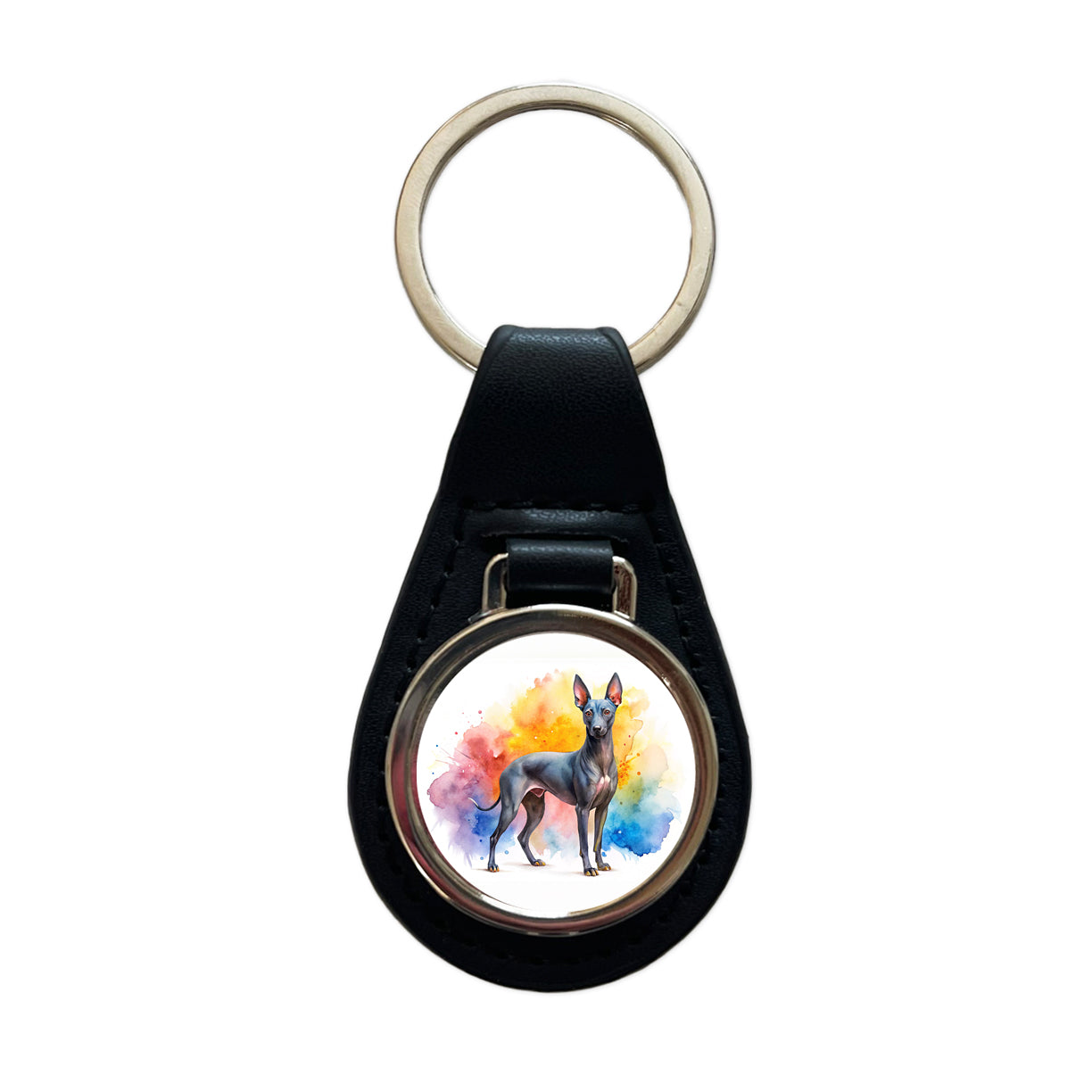 Xoloitzcuintli Xolo Mexican Hairless Dog Watercolor Style Black Leather Metal Keychain
