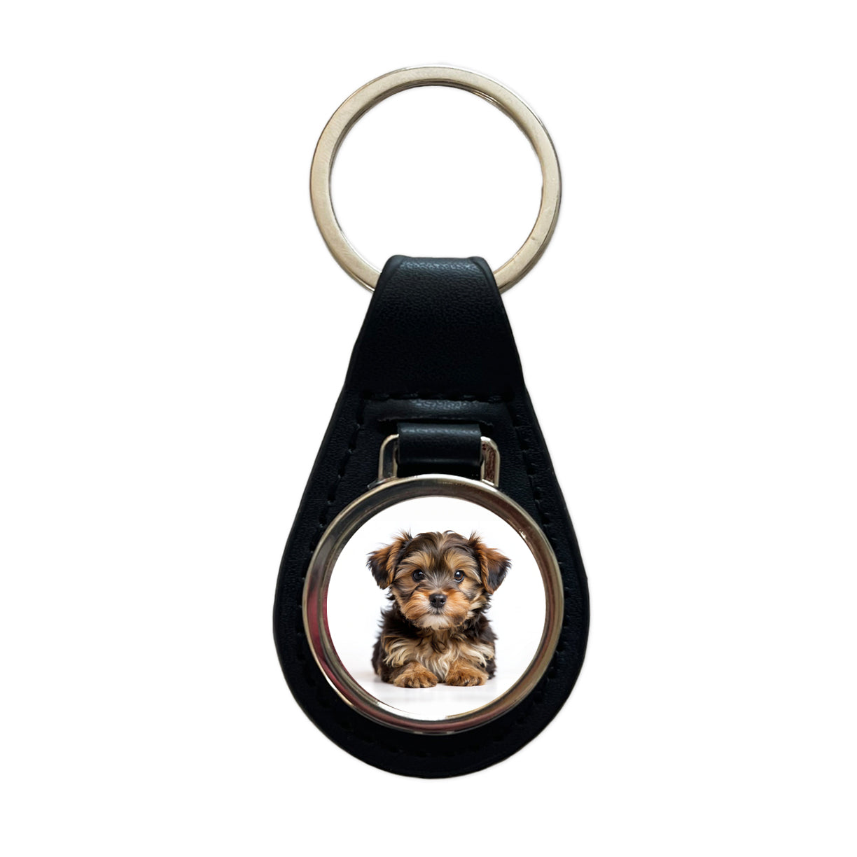 Yorkipoo Dog Puppy Photo Black Leather Metal Keychain
