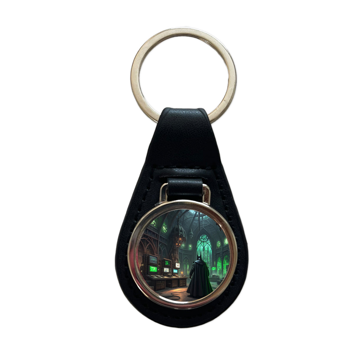 Evil Supervillain Lair Black Leather Metal Keychain