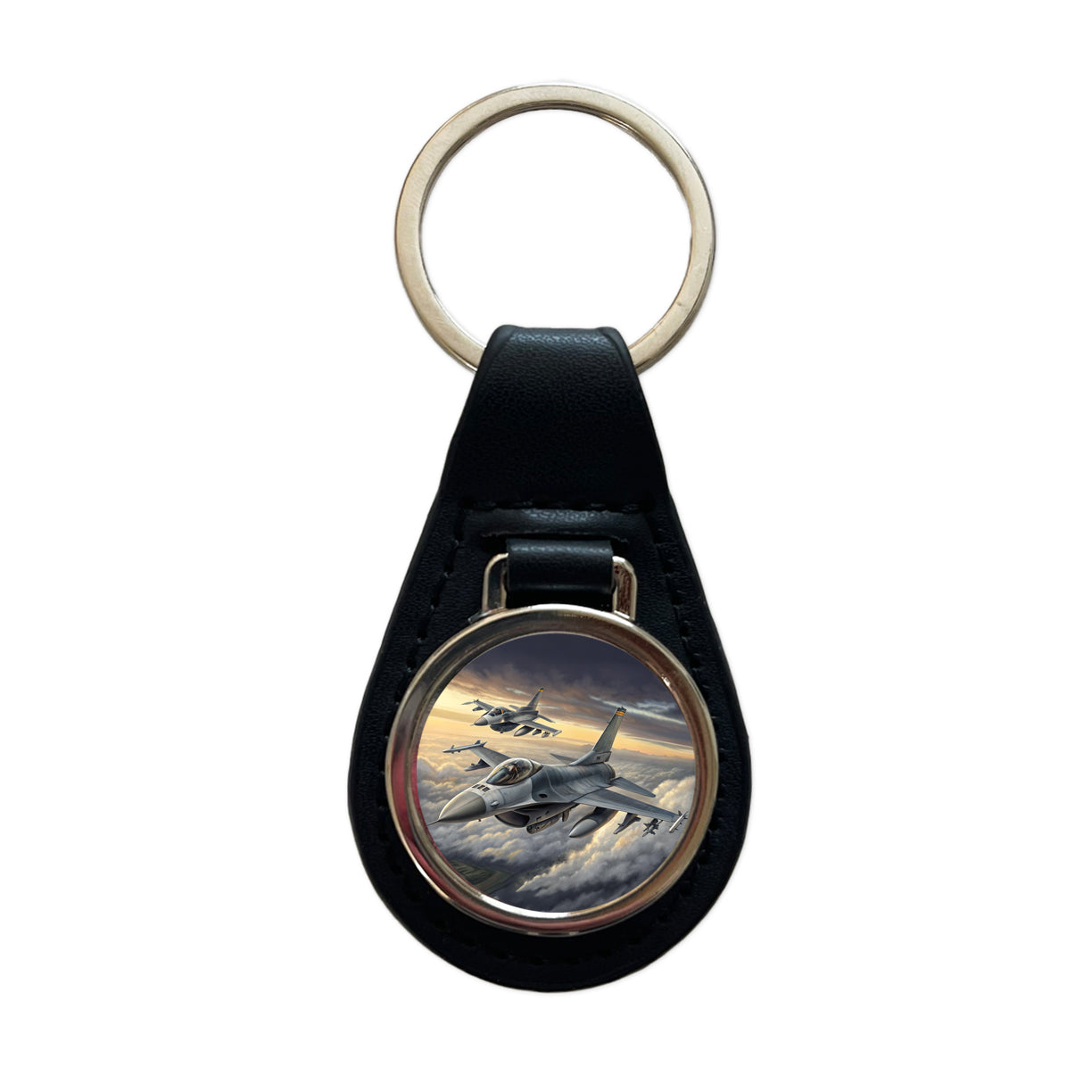 F-16 Fighting Falcon Viper Planes Flying In Formation Black Leather Metal Keychain