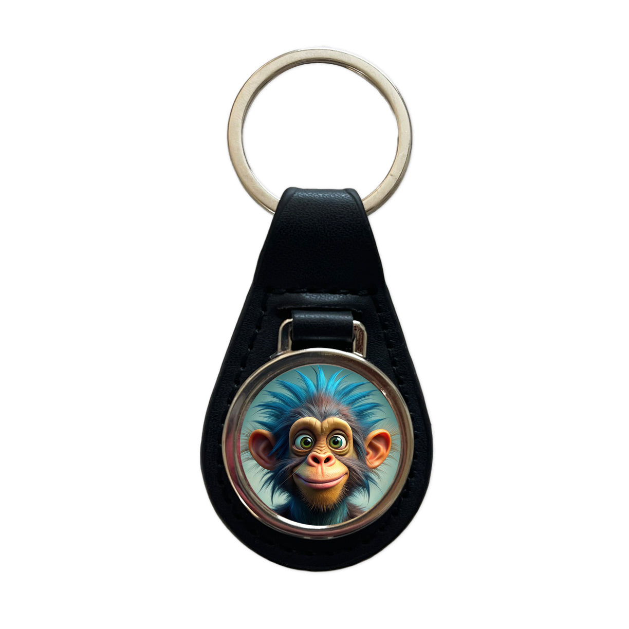 Funny Funky Crazy Monkey Black Leather Metal Keychain