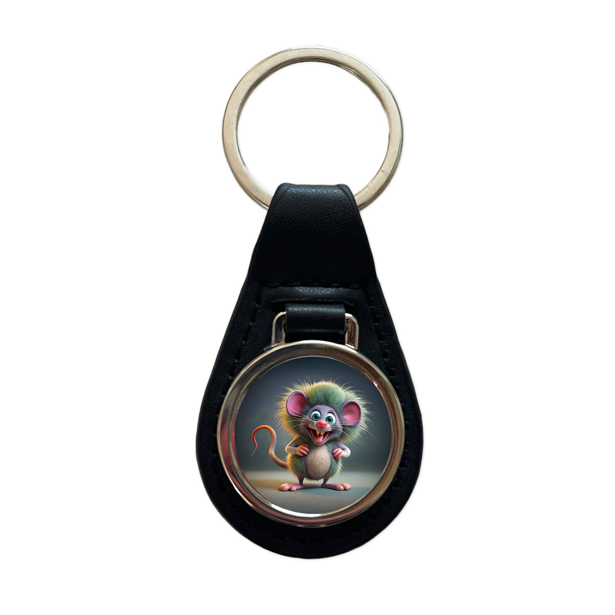 Funny Funky Crazy Mouse Black Leather Metal Keychain