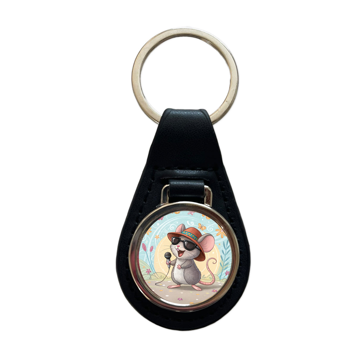 Funny Singing Cool Mouse Black Leather Metal Keychain