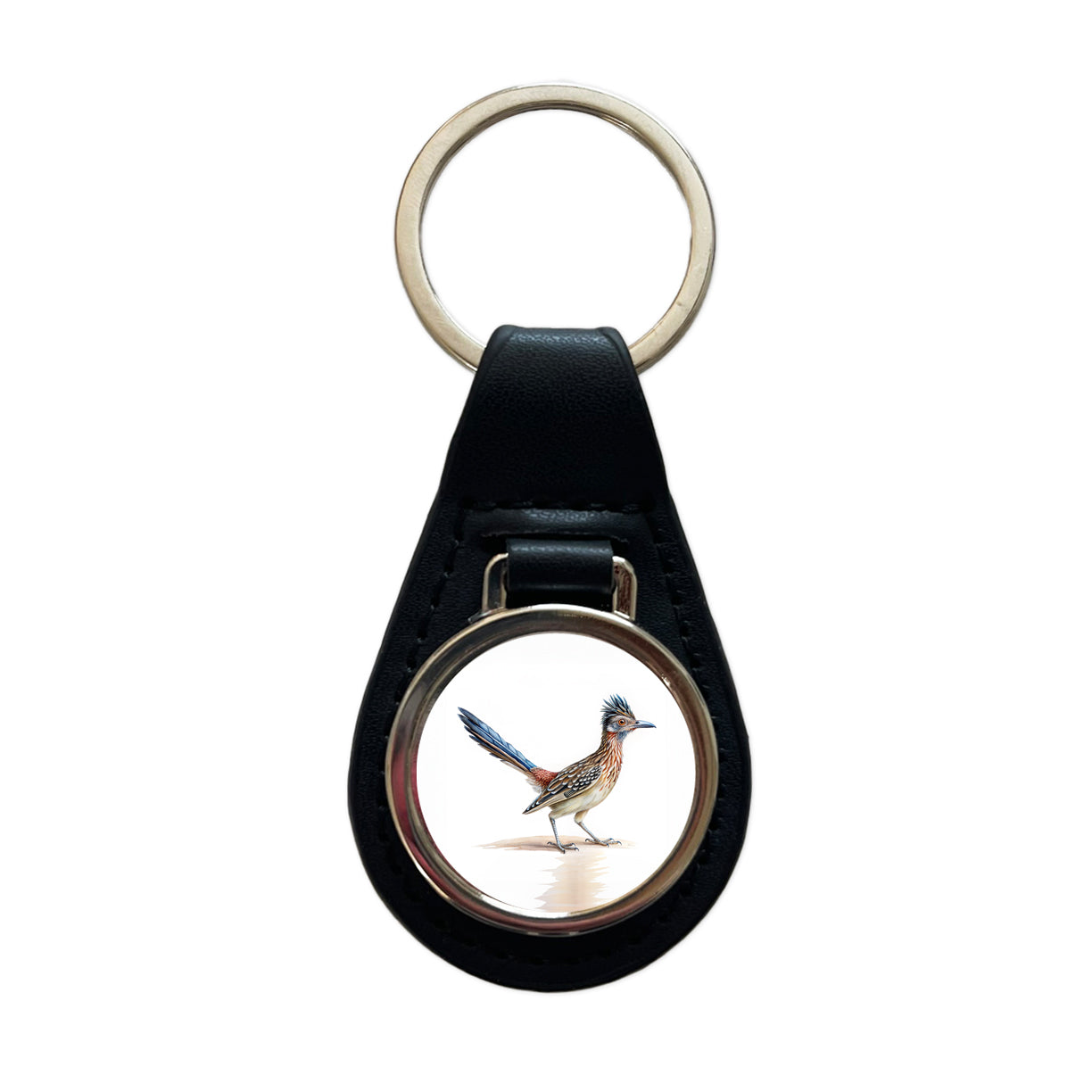 Greater Roadrunner New Mexico State Bird Illustration Black Leather Metal Keychain