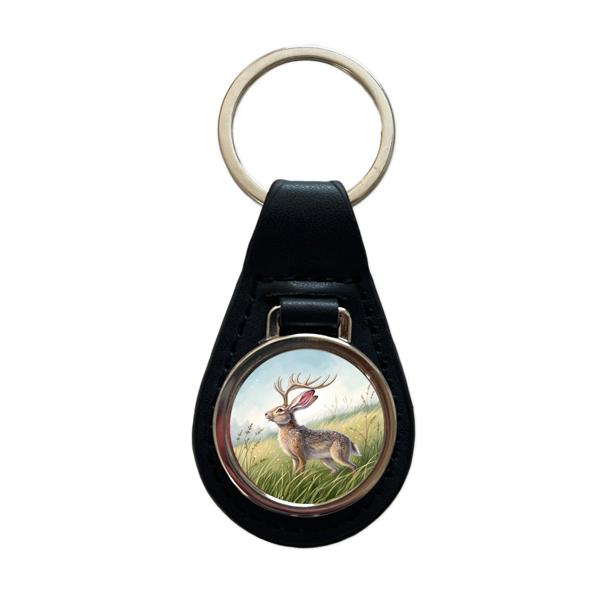Jackalope Illustration Black Leather Metal Keychain