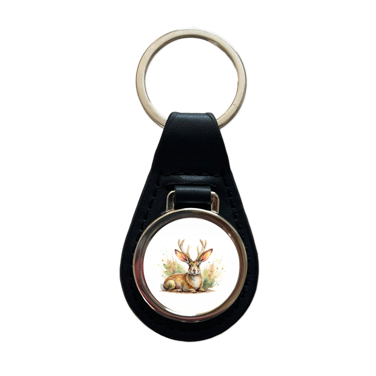 Jackalope Watercolor Black Leather Metal Keychain