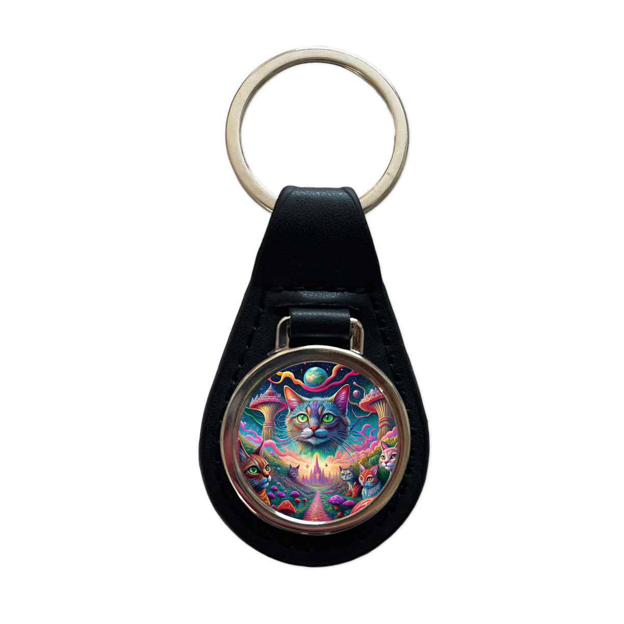 Psychedelic Cats Vibrant Colors Black Leather Metal Keychain