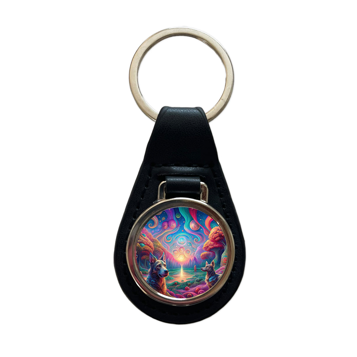 Psychedelic Dogs Vibrant Colors Black Leather Metal Keychain