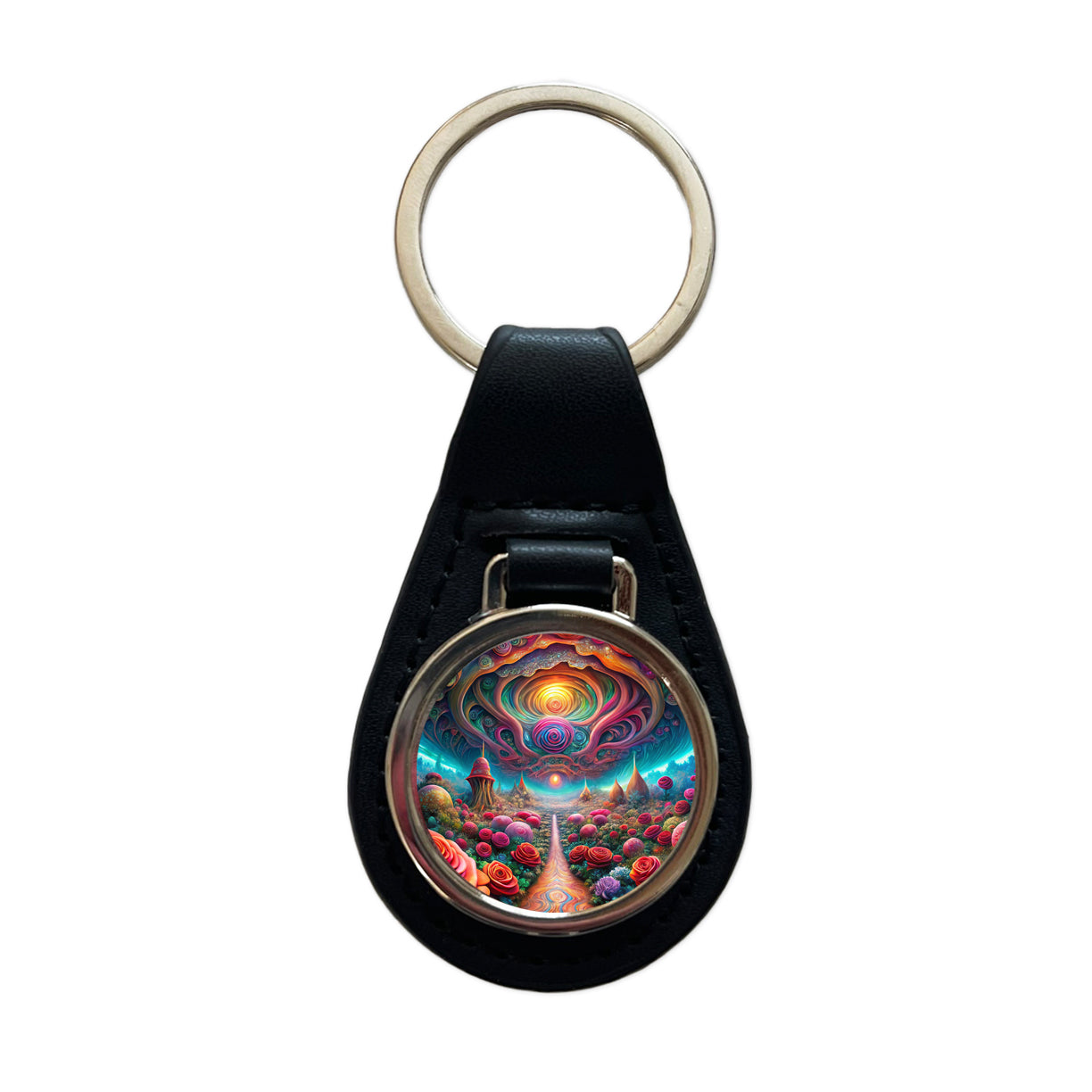Psychedelic Lots of Roses Vibrant Colors Black Leather Metal Keychain