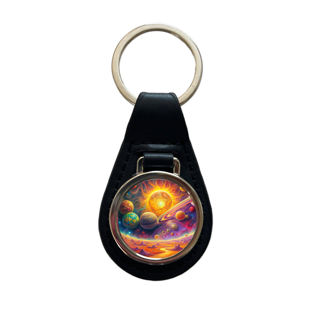 Psychedelic Sun And Planets Solar System Black Leather Metal Keychain