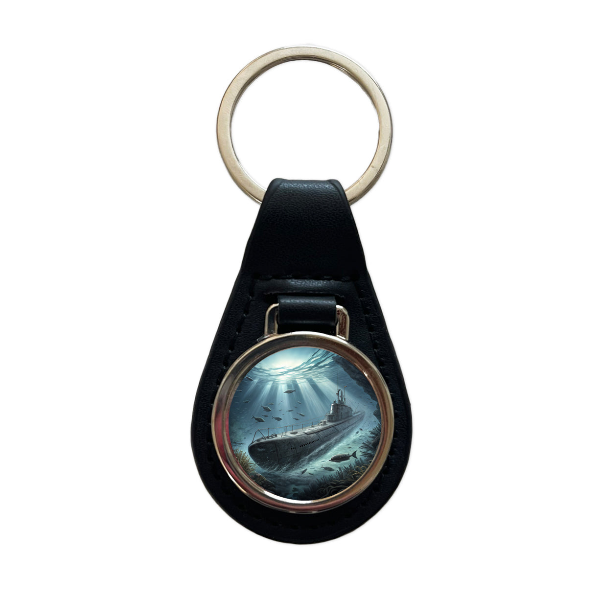 WWII German U-Boat Submarine Black Leather Metal Keychain