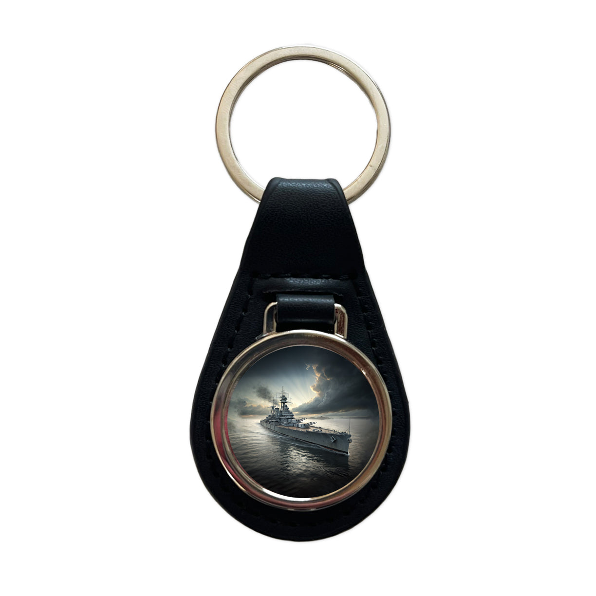WWII US Navy Battleship At Sea Black Leather Metal Keychain