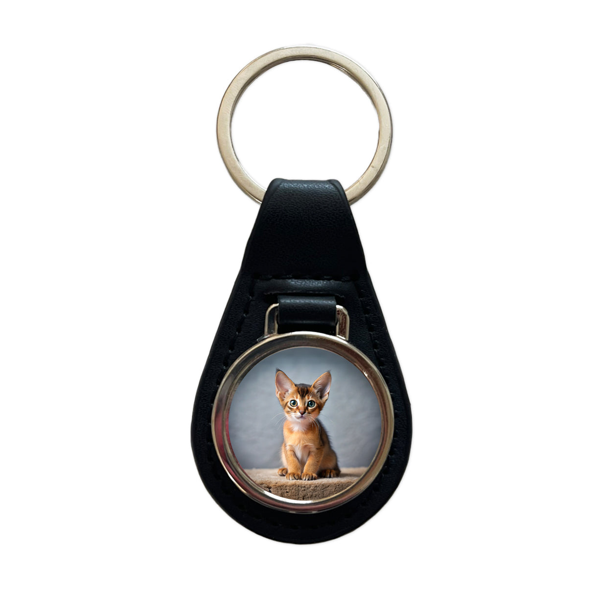 Abyssinian Cat Kitten Photo Black Leather Metal Keychain
