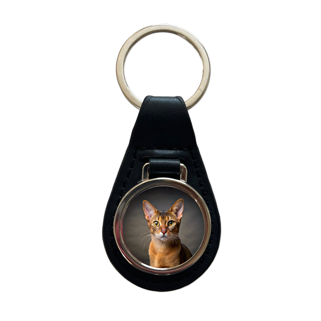 Abyssinian Cat Photo Black Leather Metal Keychain