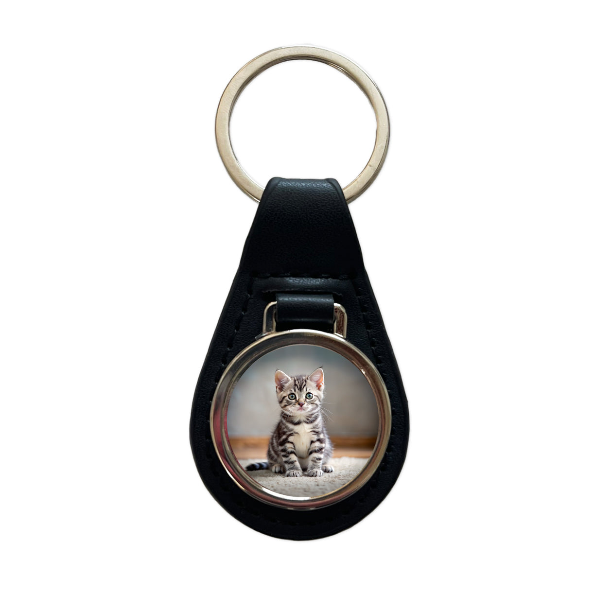 American Shorthair Cat Kitten Photo Black Leather Metal Keychain