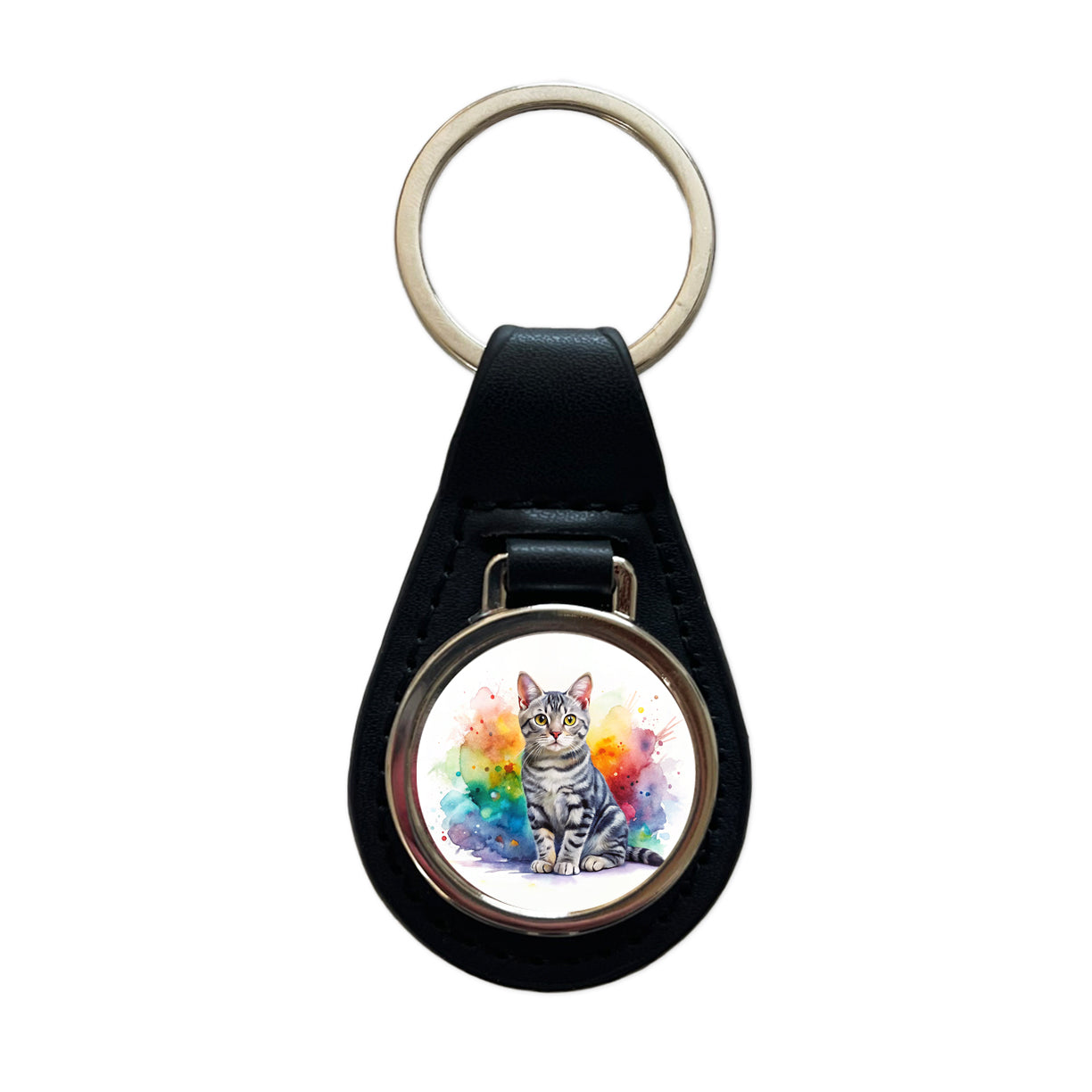 American Shorthair Cat Watercolor Style Black Leather Metal Keychain