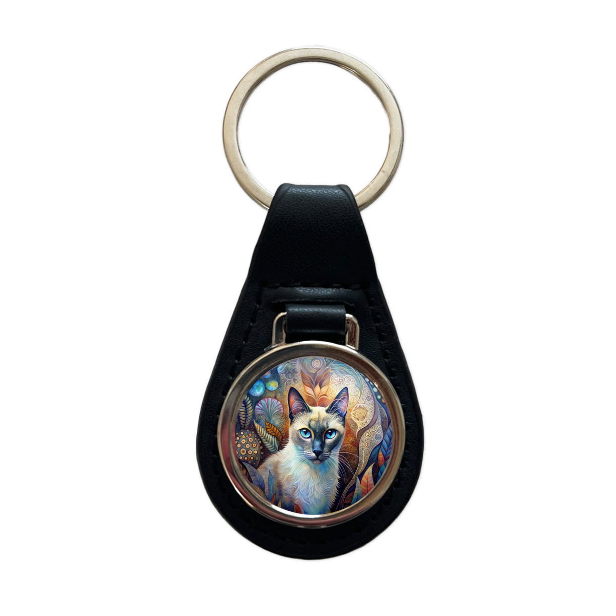 Balinese Cat Abstract Art Black Leather Metal Keychain