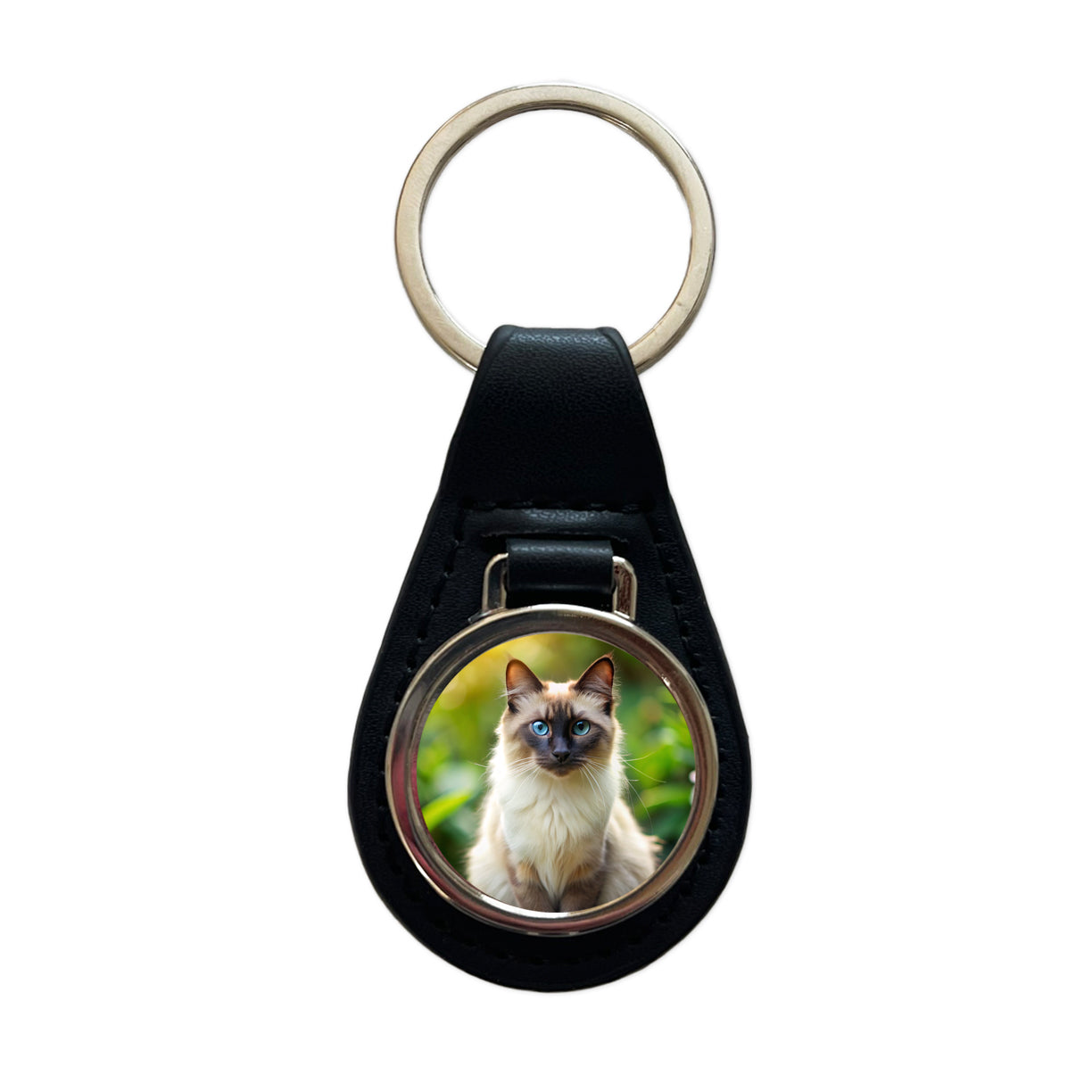 Balinese Cat Photo Black Leather Metal Keychain