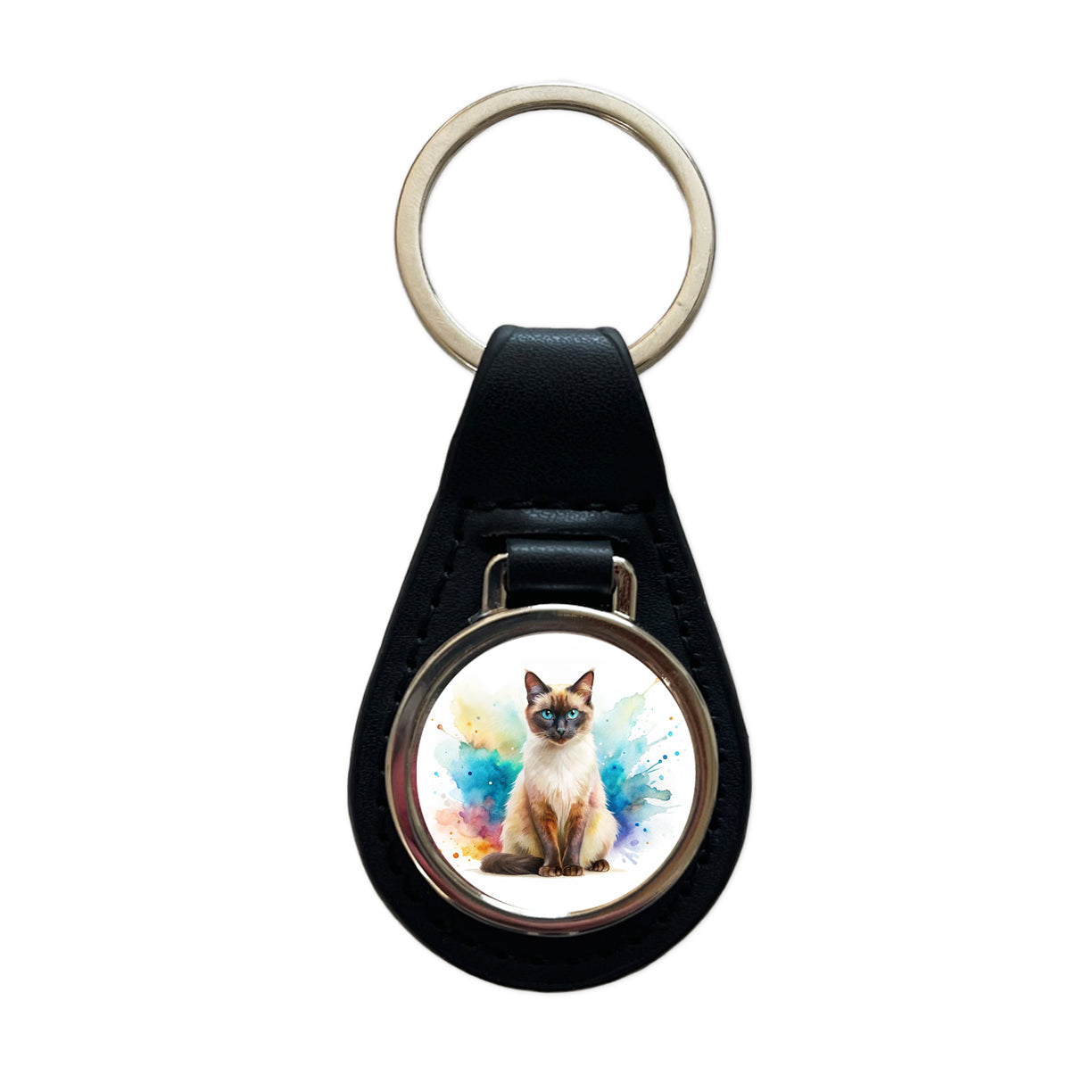 Balinese Cat Watercolor Style Black Leather Metal Keychain
