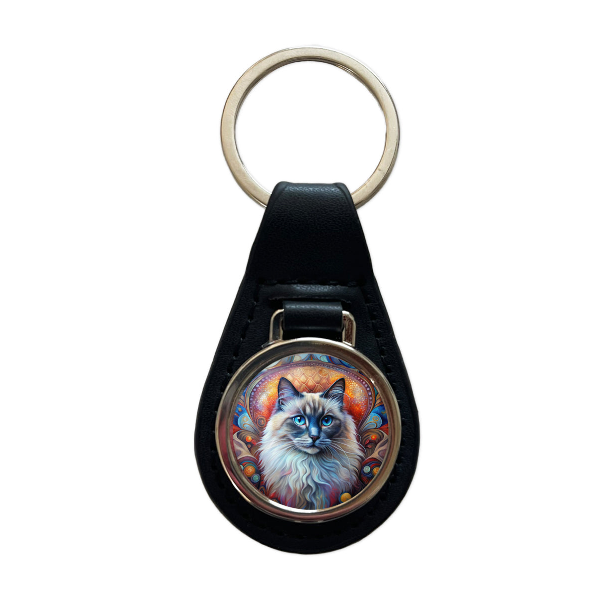 Birman Cat Abstract Art Black Leather Metal Keychain