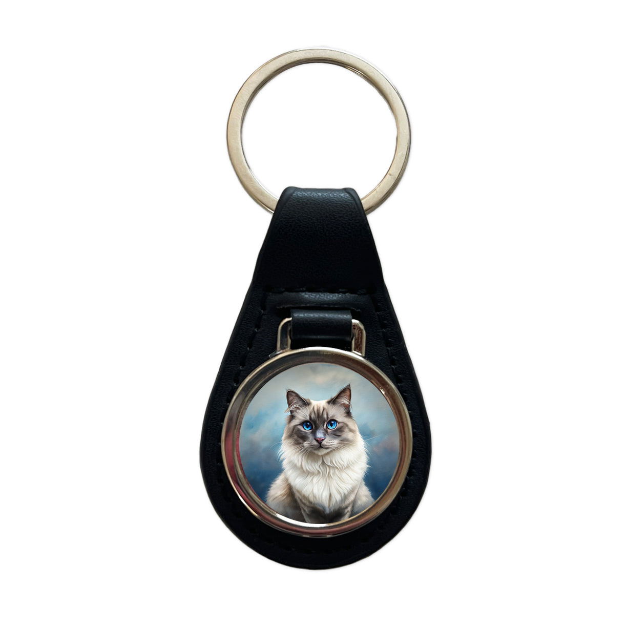 Birman Cat Illustration Black Leather Metal Keychain
