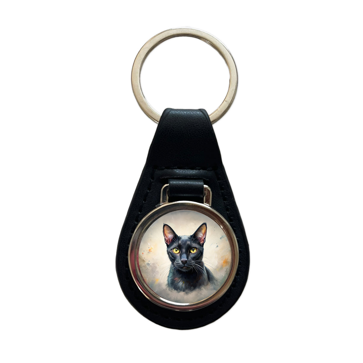 Bombay Black Cat Illustration Black Leather Metal Keychain
