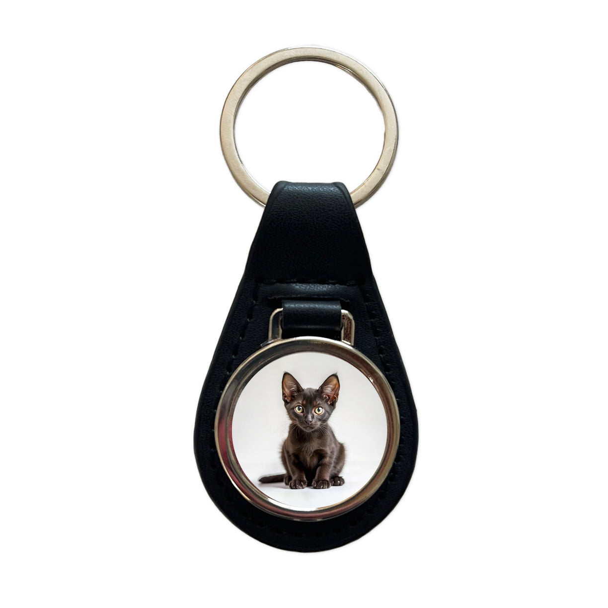 Bombay Black Cat Kitten Photo Black Leather Metal Keychain
