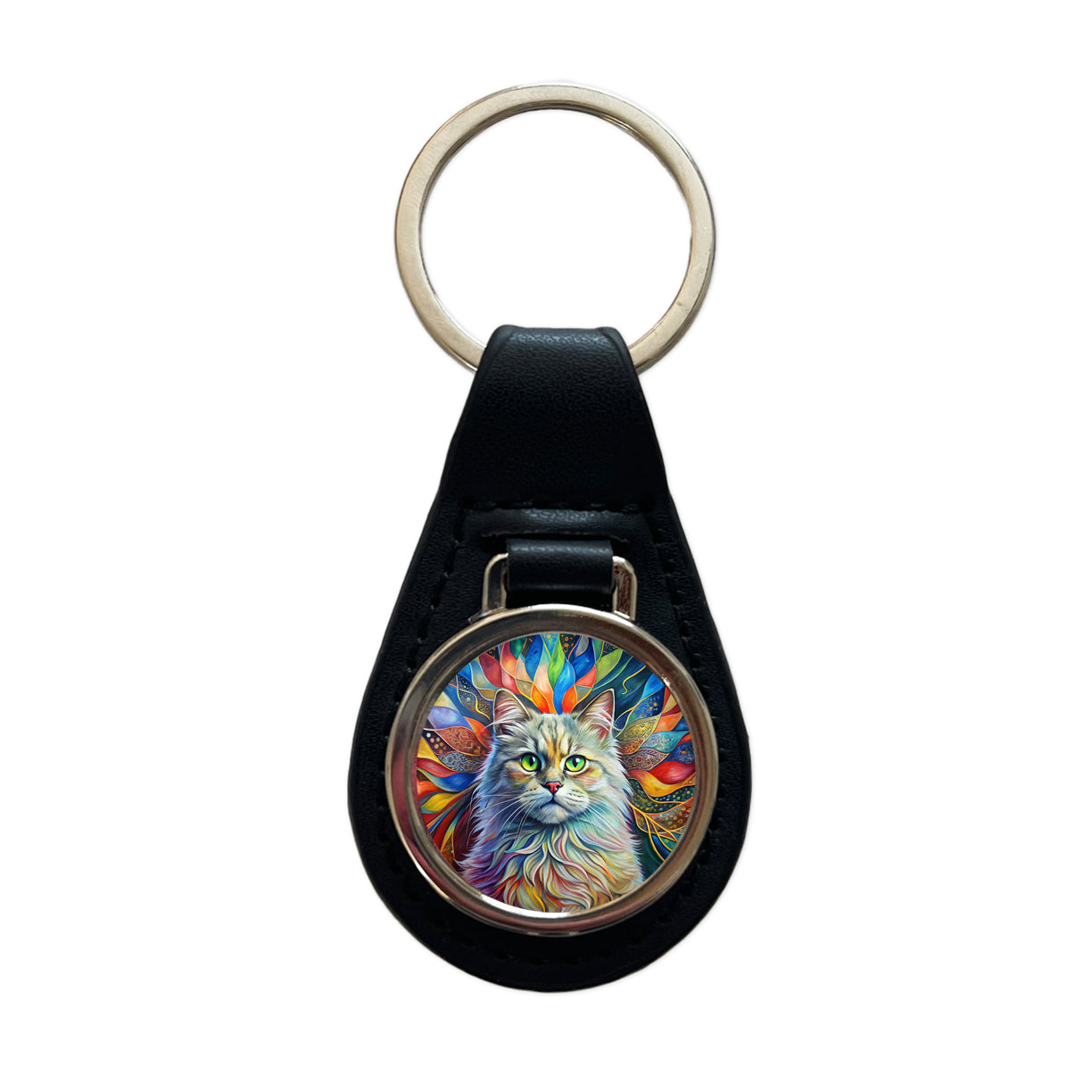 British Longhair Cat Abstract Art Black Leather Metal Keychain