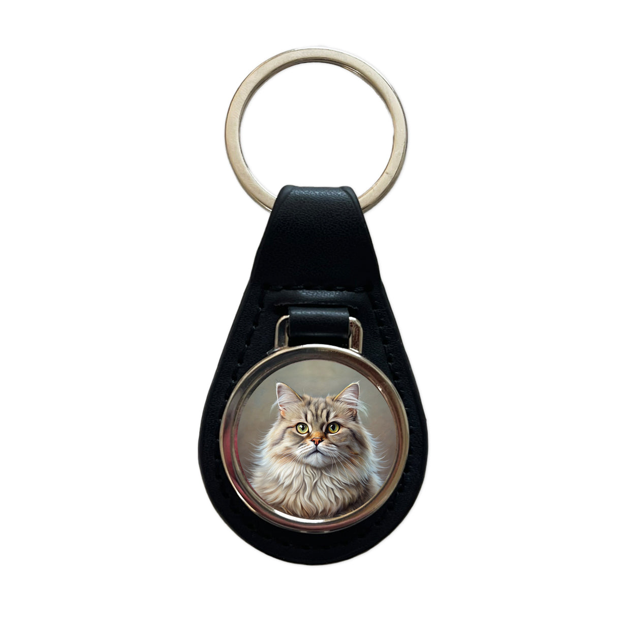 British Longhair Cat Illustration Black Leather Metal Keychain