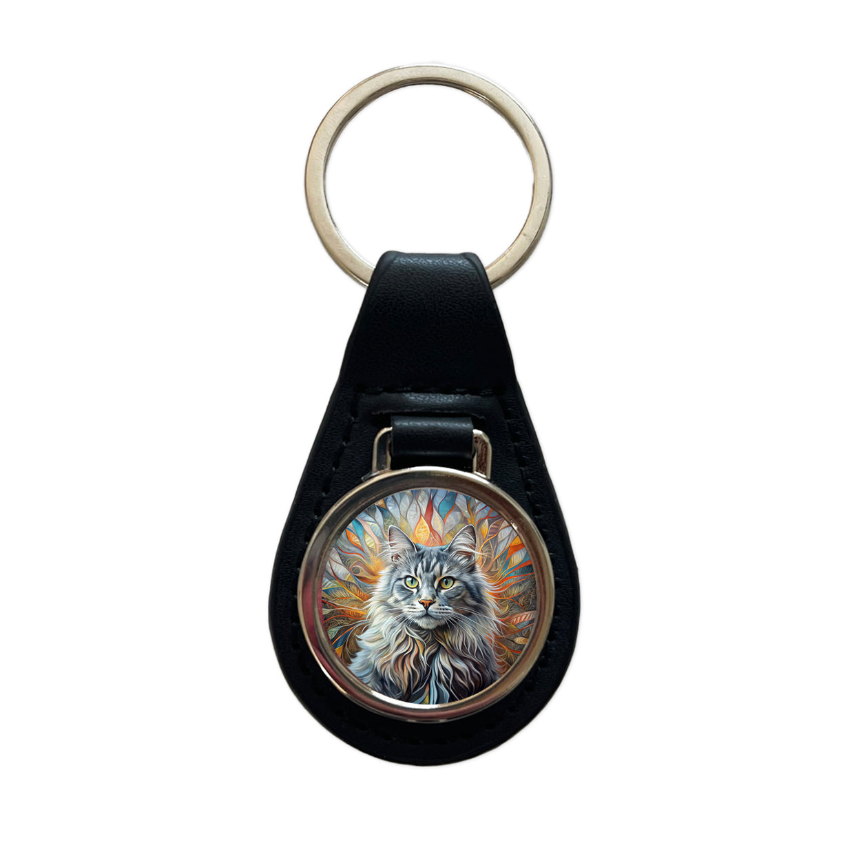 British Longhair Gray Cat Abstract Art Black Leather Metal Keychain