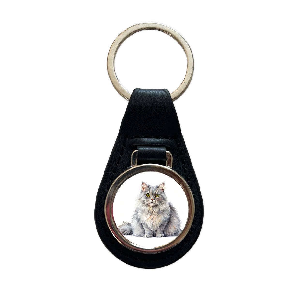 British Longhair Gray Cat Watercolor Style Black Leather Metal Keychain