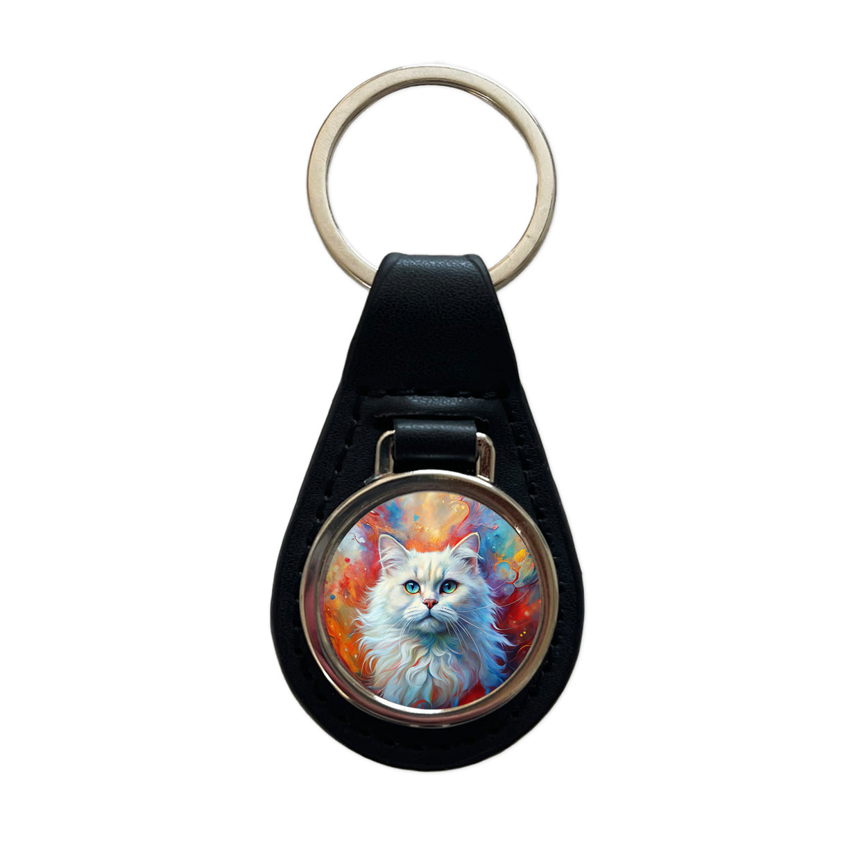 British Longhair White Cat Abstract Art Black Leather Metal Keychain