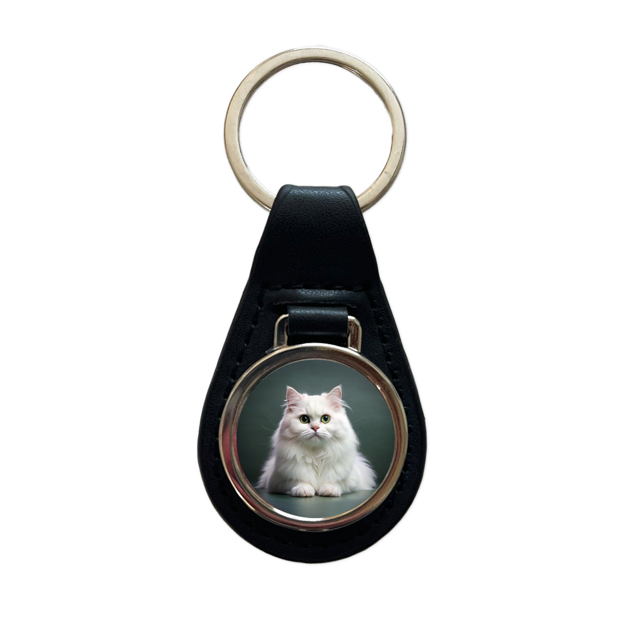 British Longhair White Cat Photo Black Leather Metal Keychain