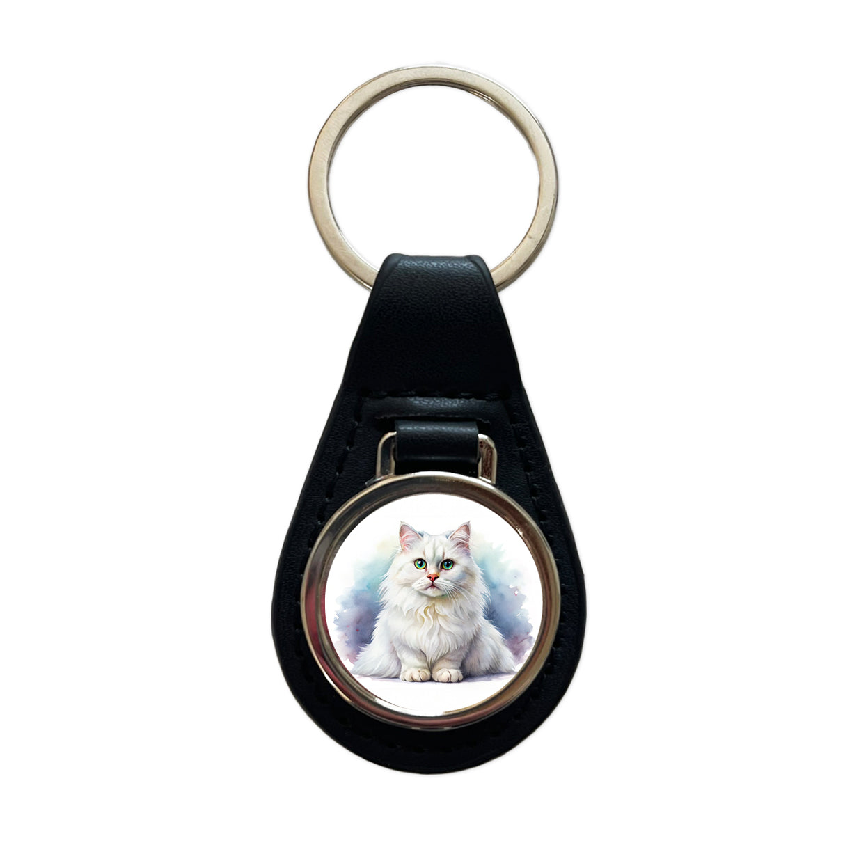 British Longhair White Cat Watercolor Style Black Leather Metal Keychain