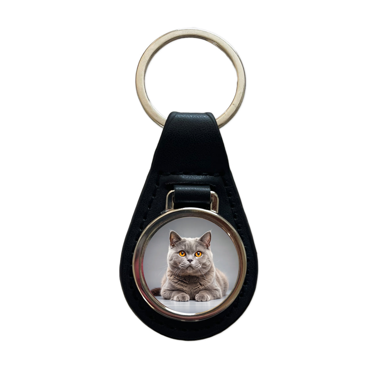 British Shorthair Gray Cat Photo Black Leather Metal Keychain