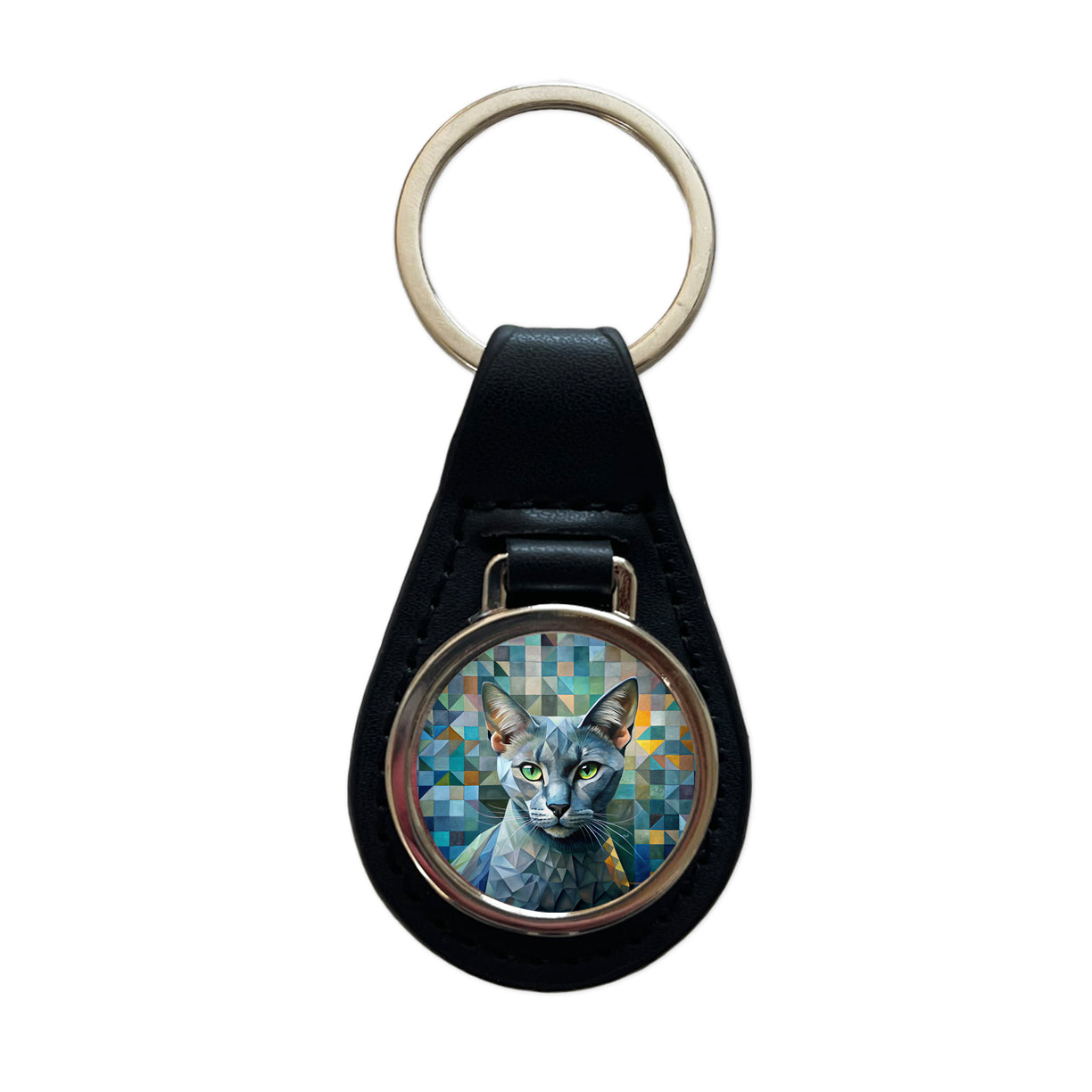Burmese Cat Abstract Art Black Leather Metal Keychain