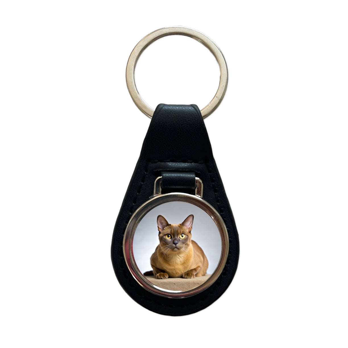 Burmese Cat Photo Black Leather Metal Keychain