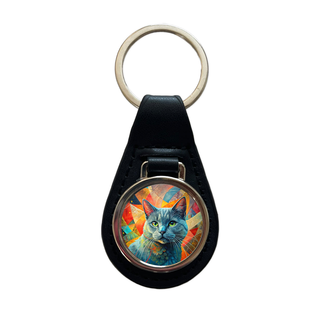 Chartreux Cat Abstract Art Black Leather Metal Keychain