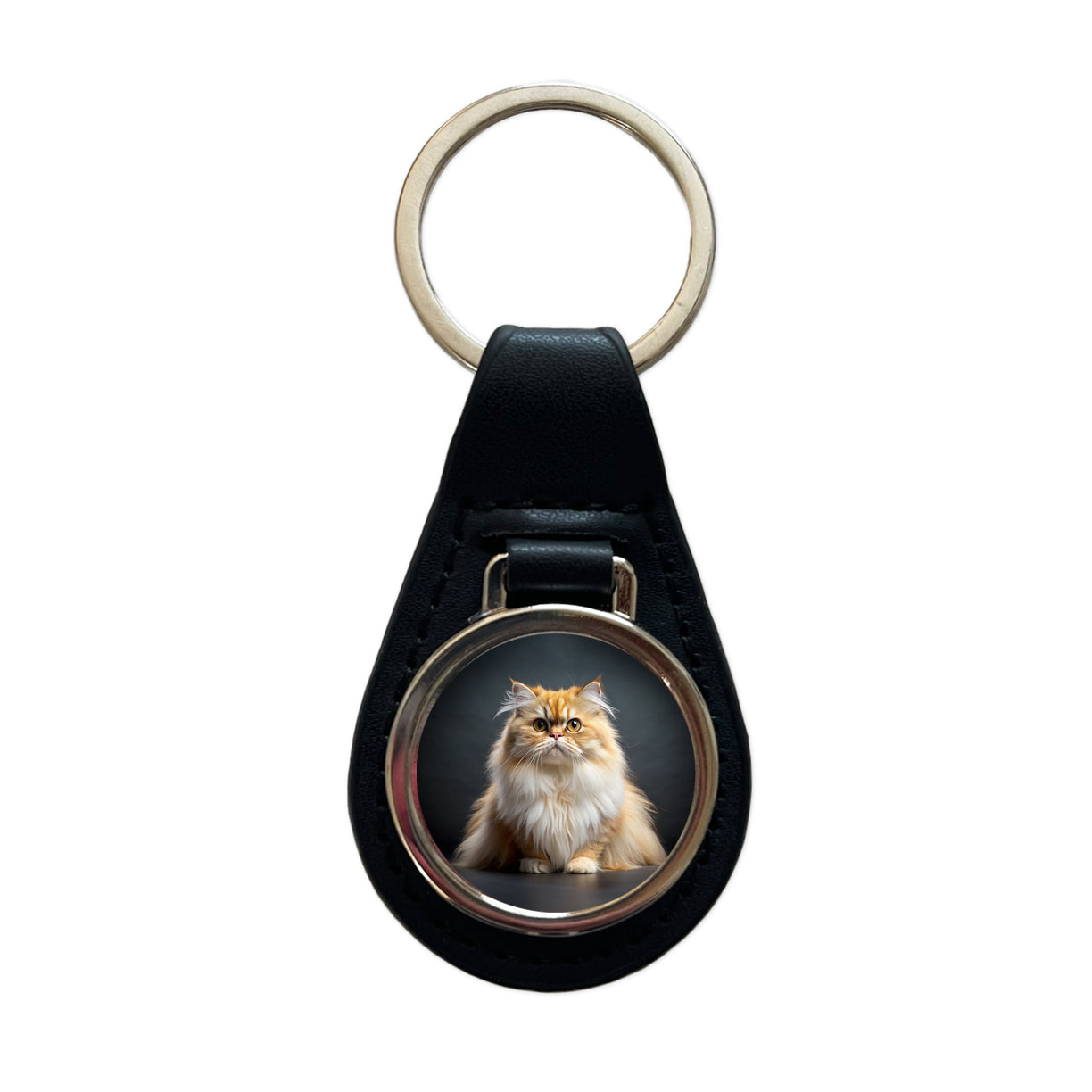 Classic Persian Cat Photo Black Leather Metal Keychain