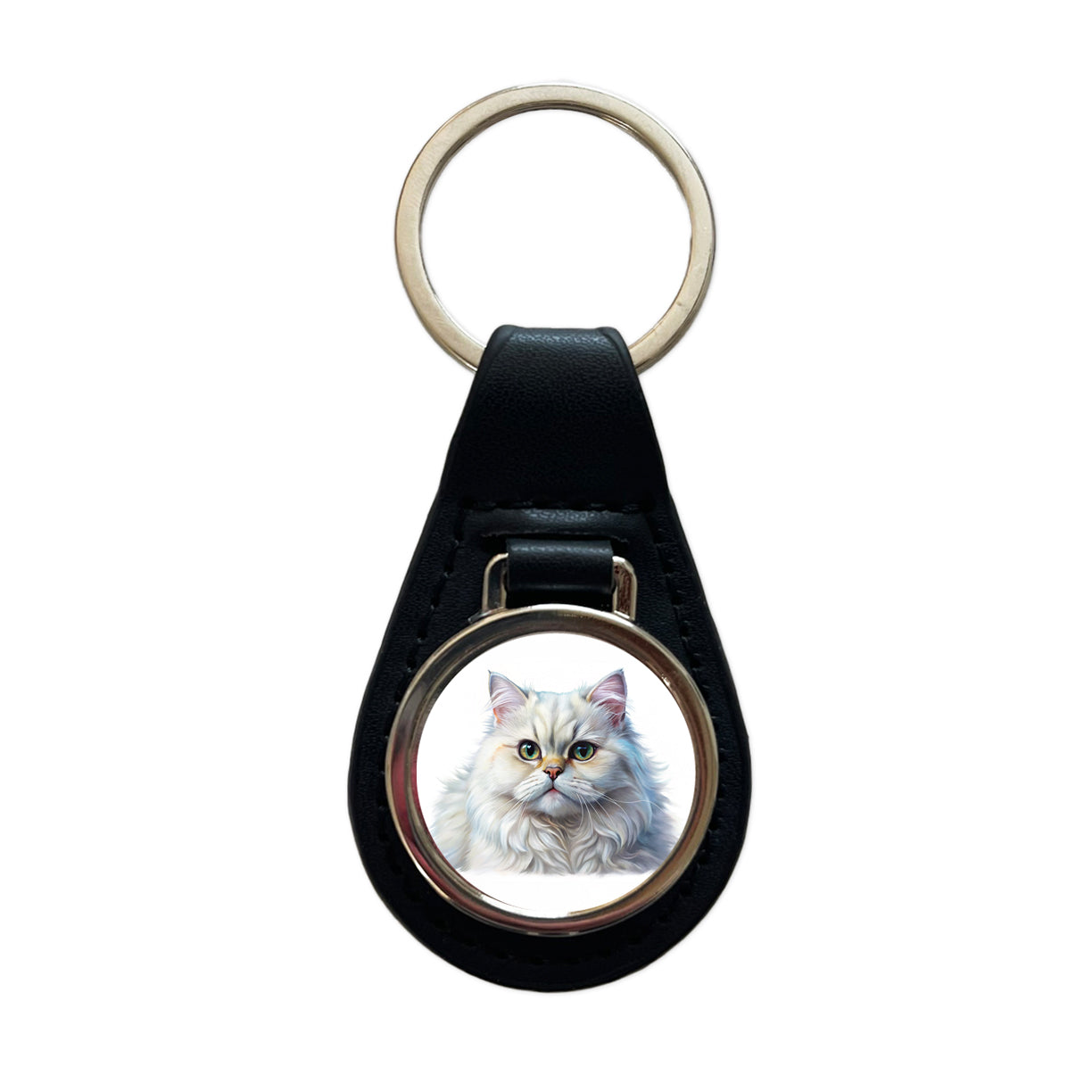 Classic Persian White Cat Illustration Black Leather Metal Keychain